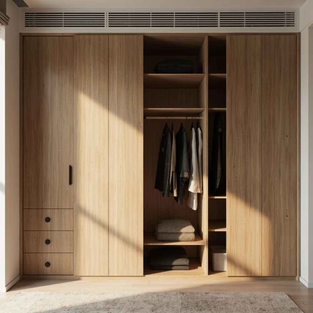 Sleek solid wood wardrobe designed for a small Singapore apartment