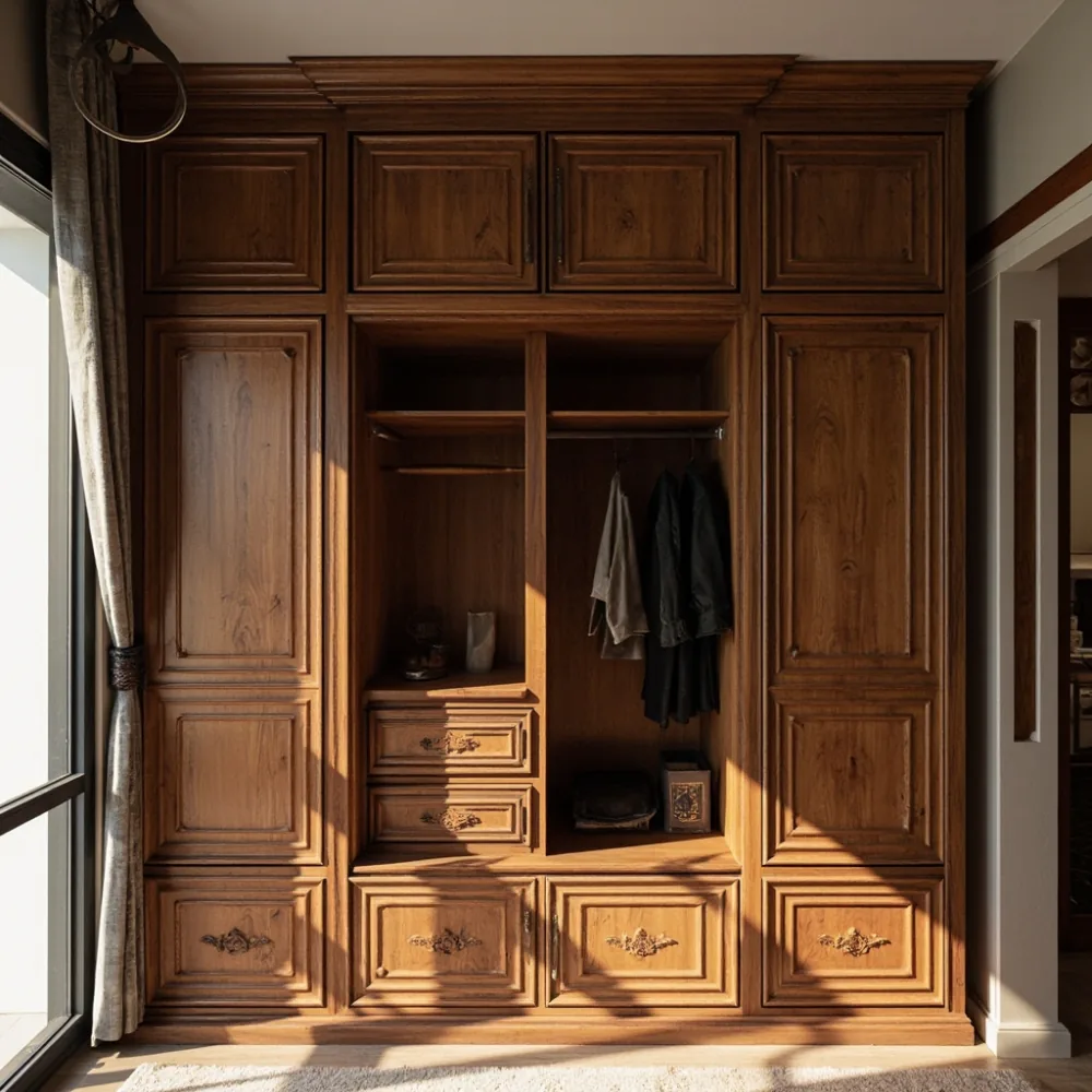 Traditional solid wood wardrobe with intricate carvings in a Singapore condominium
