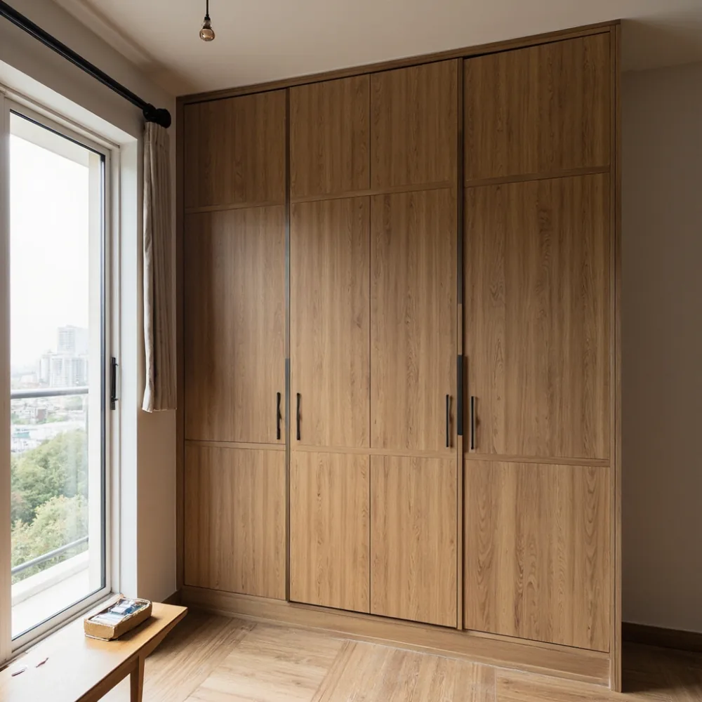 Custom solid wood wardrobe fitting perfectly into an oddly shaped room in a Singapore HDB